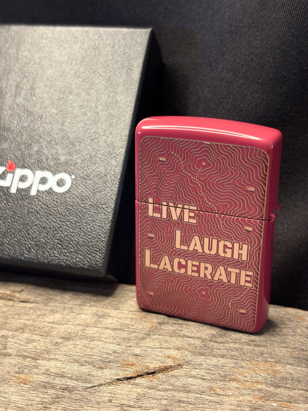 Live, Laugh, Lacerate Brick Red Topo Zippo