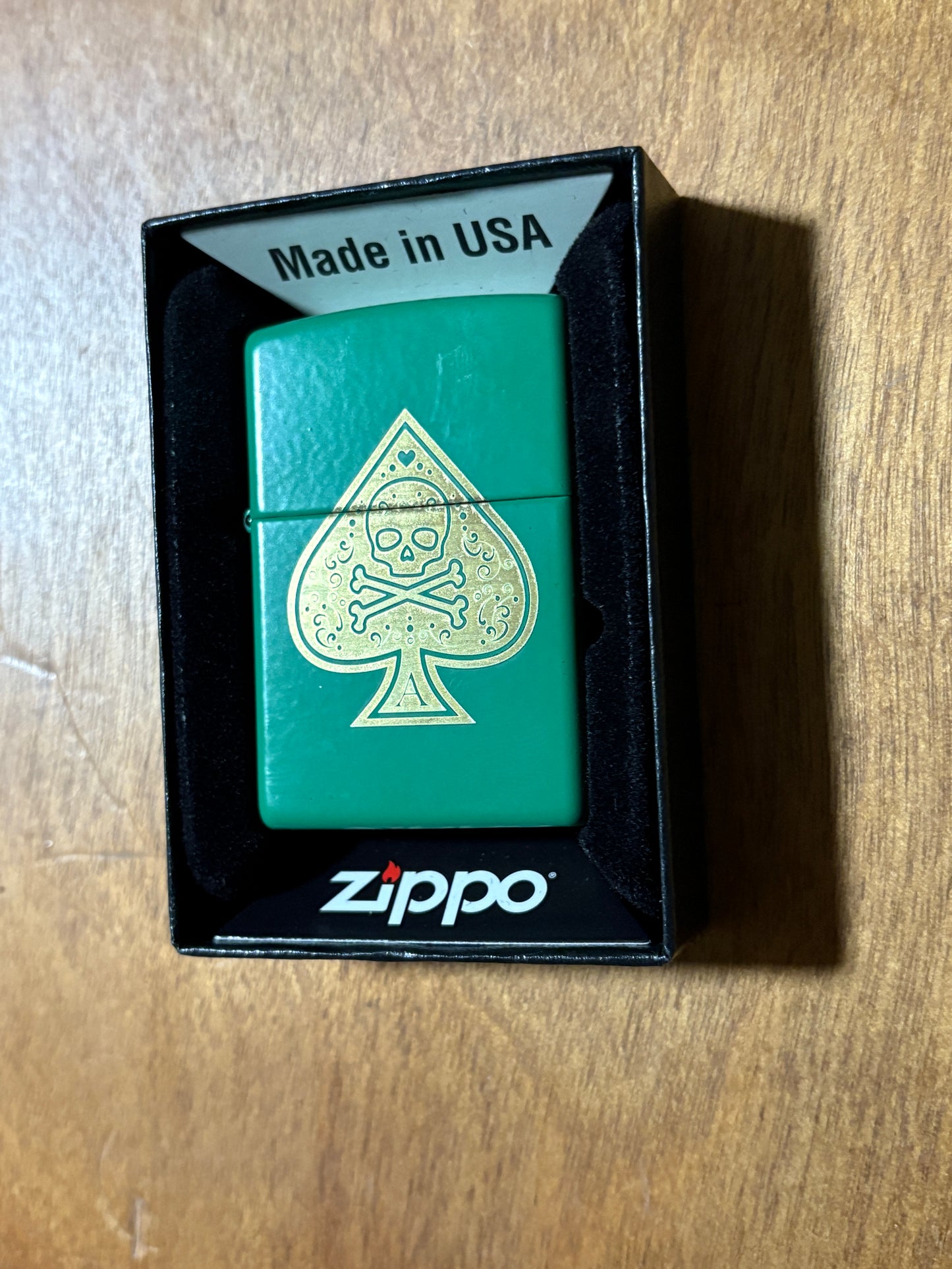 Green Ace of Skulls Zippo