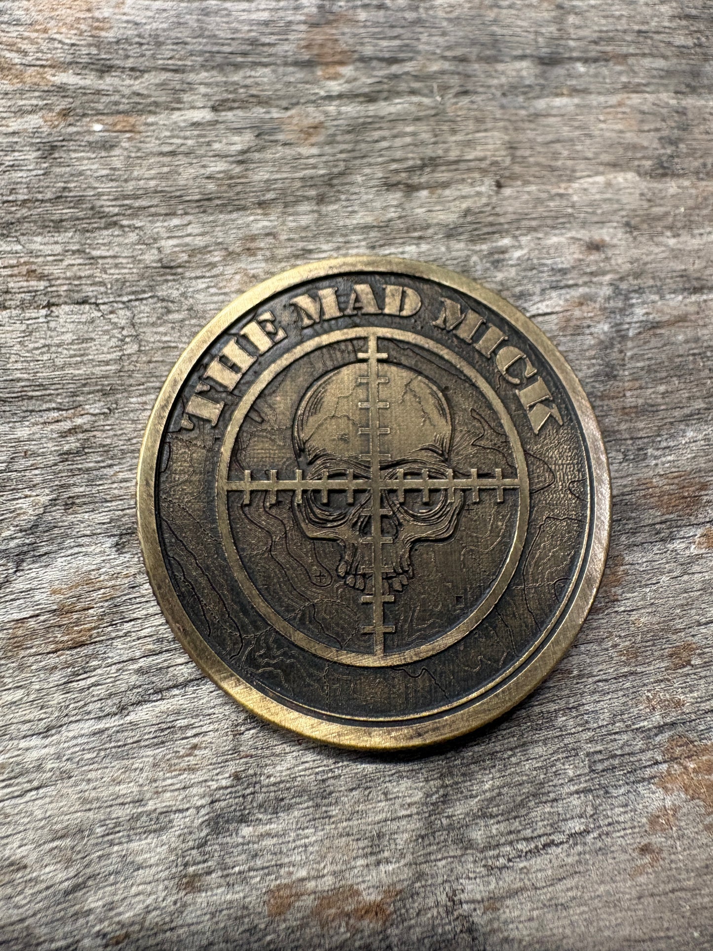Mad Mick Skull and Crossed Knives Brass Challenge Coin