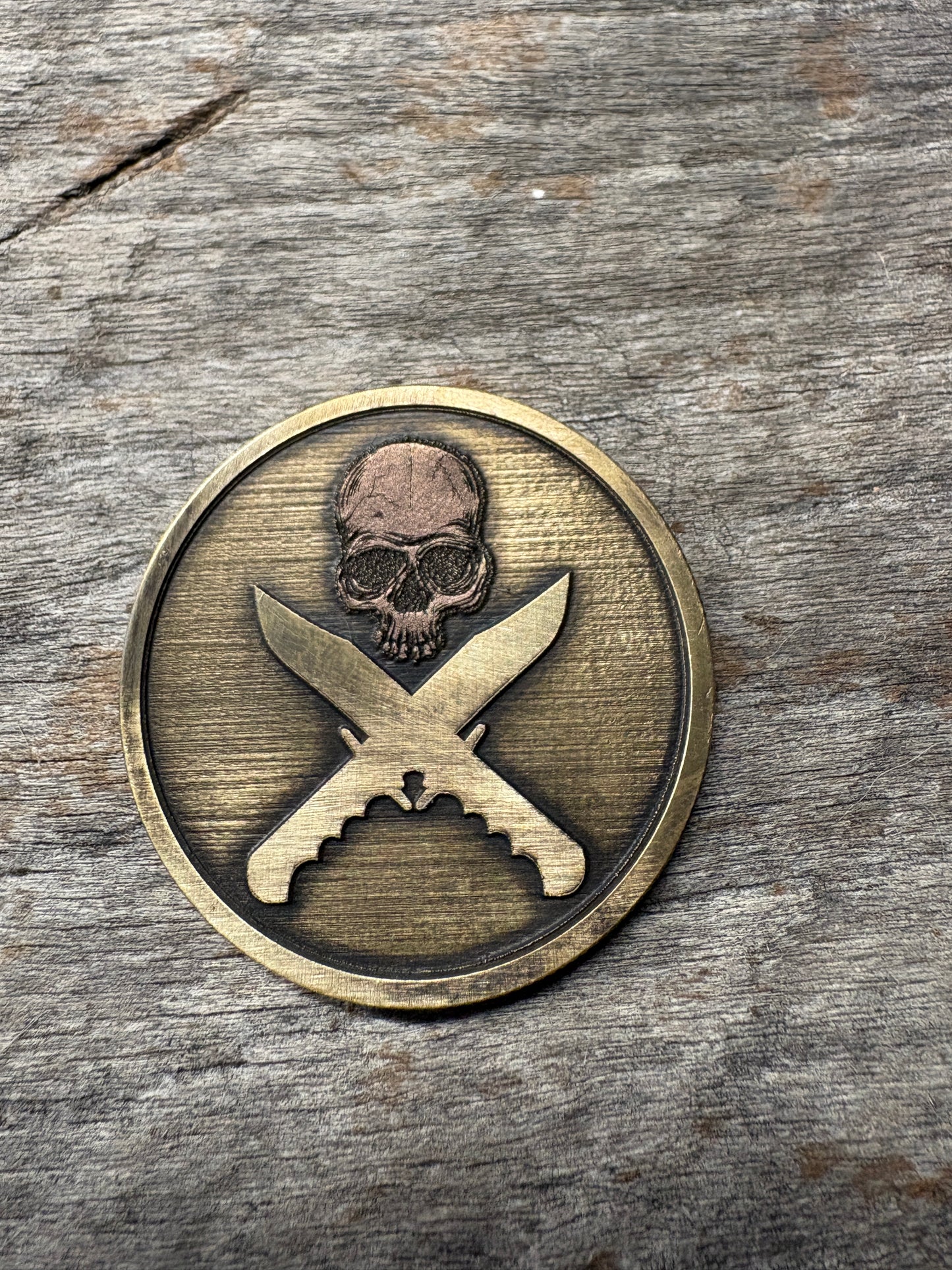 Mad Mick Skull and Crossed Knives Brass Challenge Coin