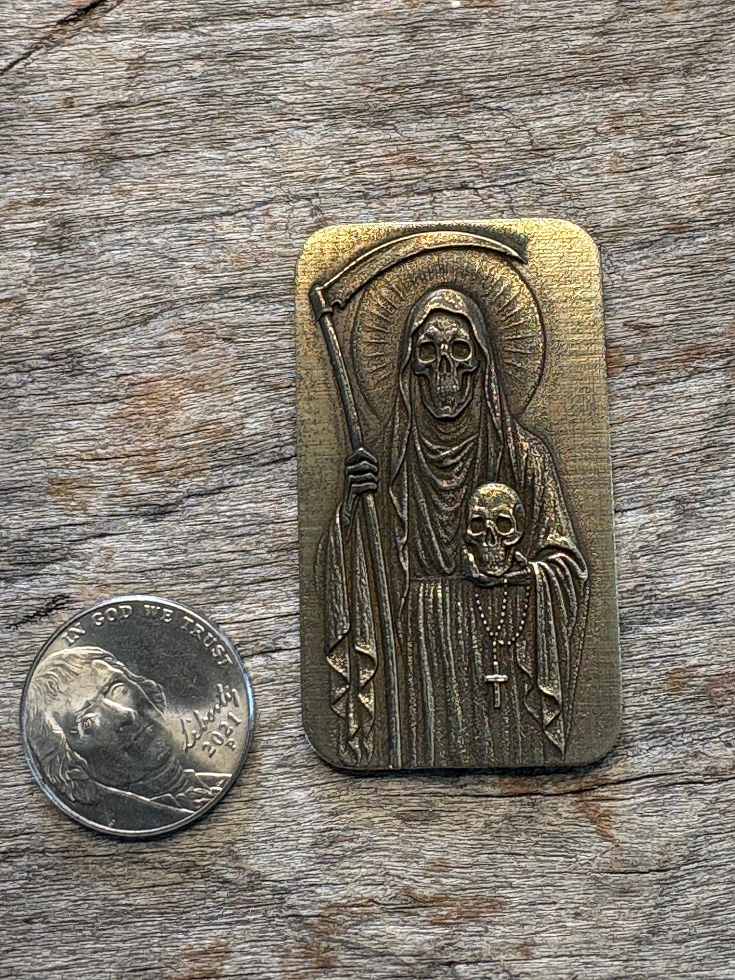 Brass Santa Muerte Pocket Charm