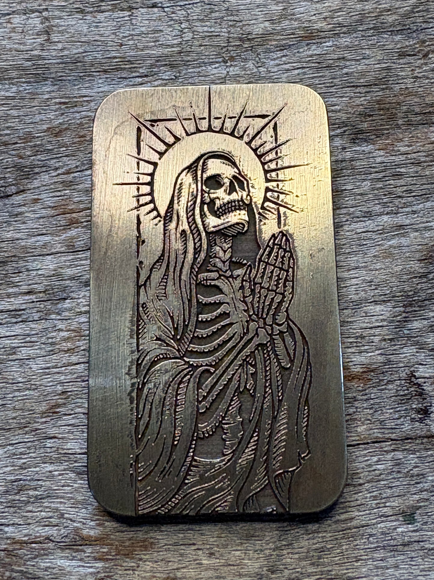 Brass Praying Santa Muerte Pocket Charm