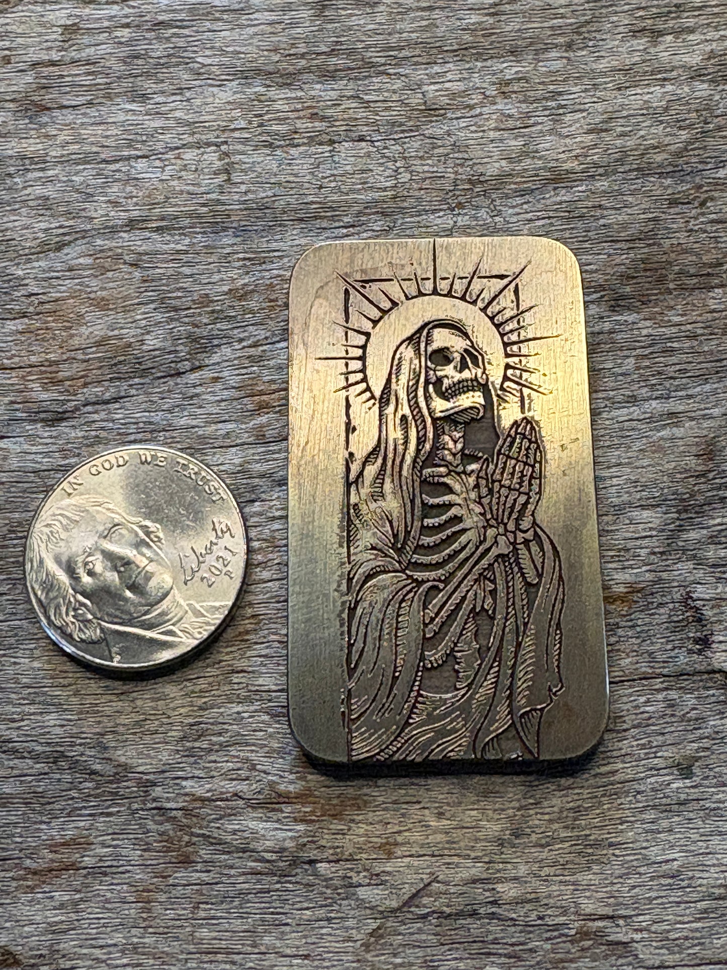 Brass Praying Santa Muerte Pocket Charm