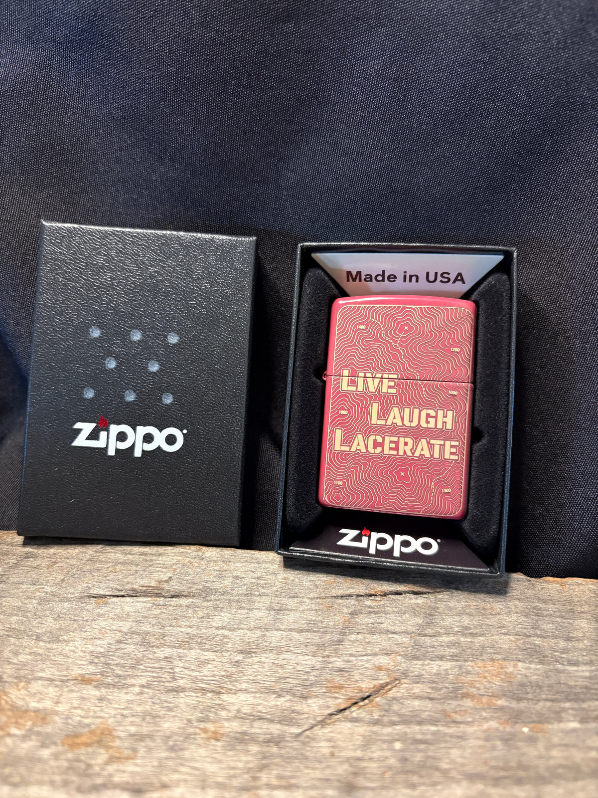 Live, Laugh, Lacerate Brick Red Topo Zippo