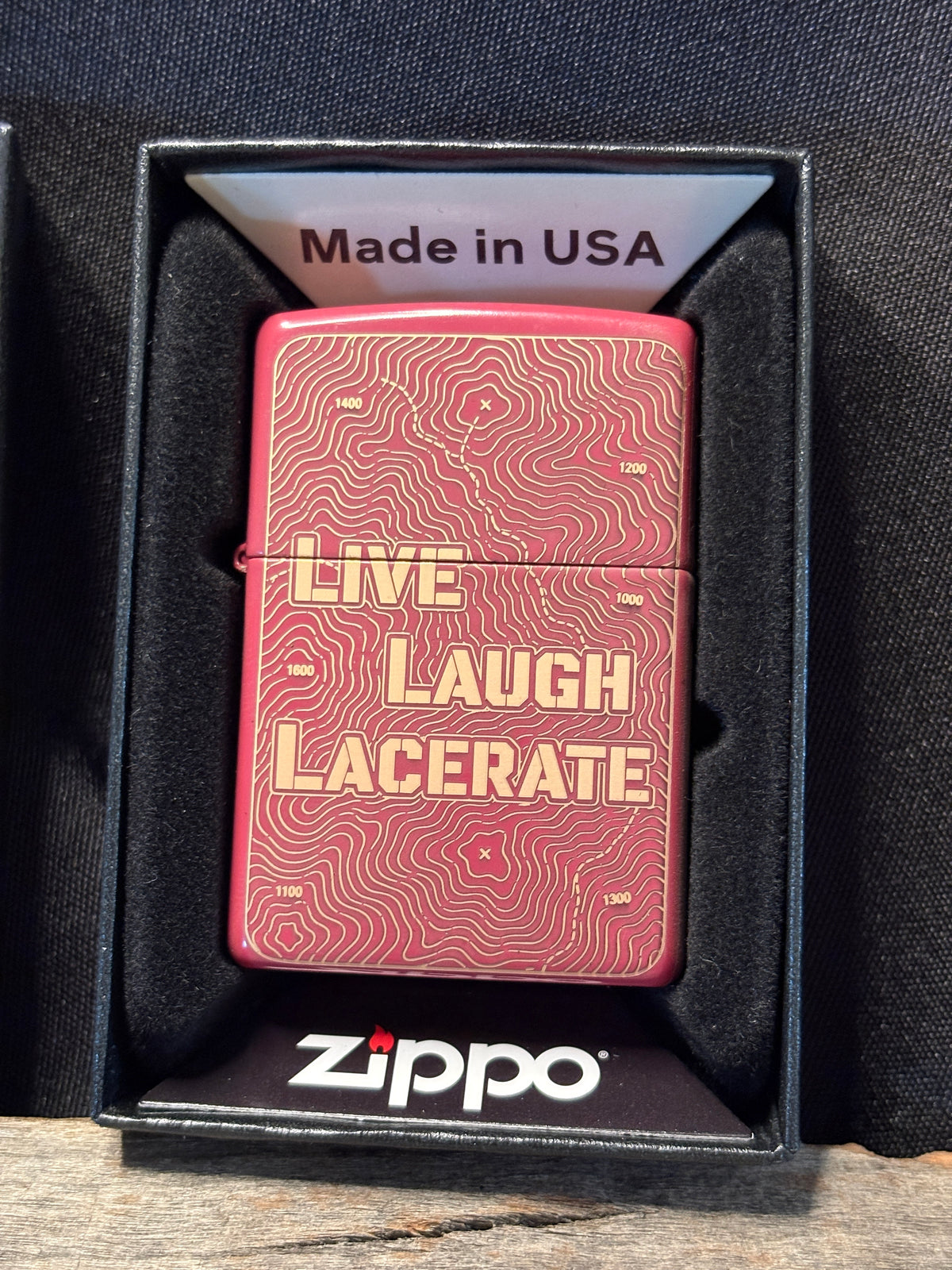 Live, Laugh, Lacerate Brick Red Topo Zippo