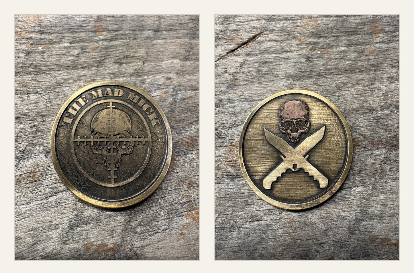 Mad Mick Skull and Crossed Knives Brass Challenge Coin