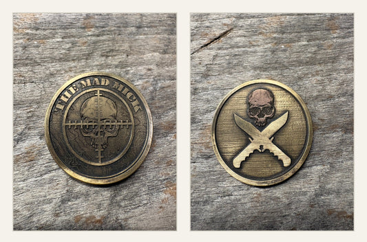 Mad Mick Skull and Crossed Knives Brass Challenge Coin