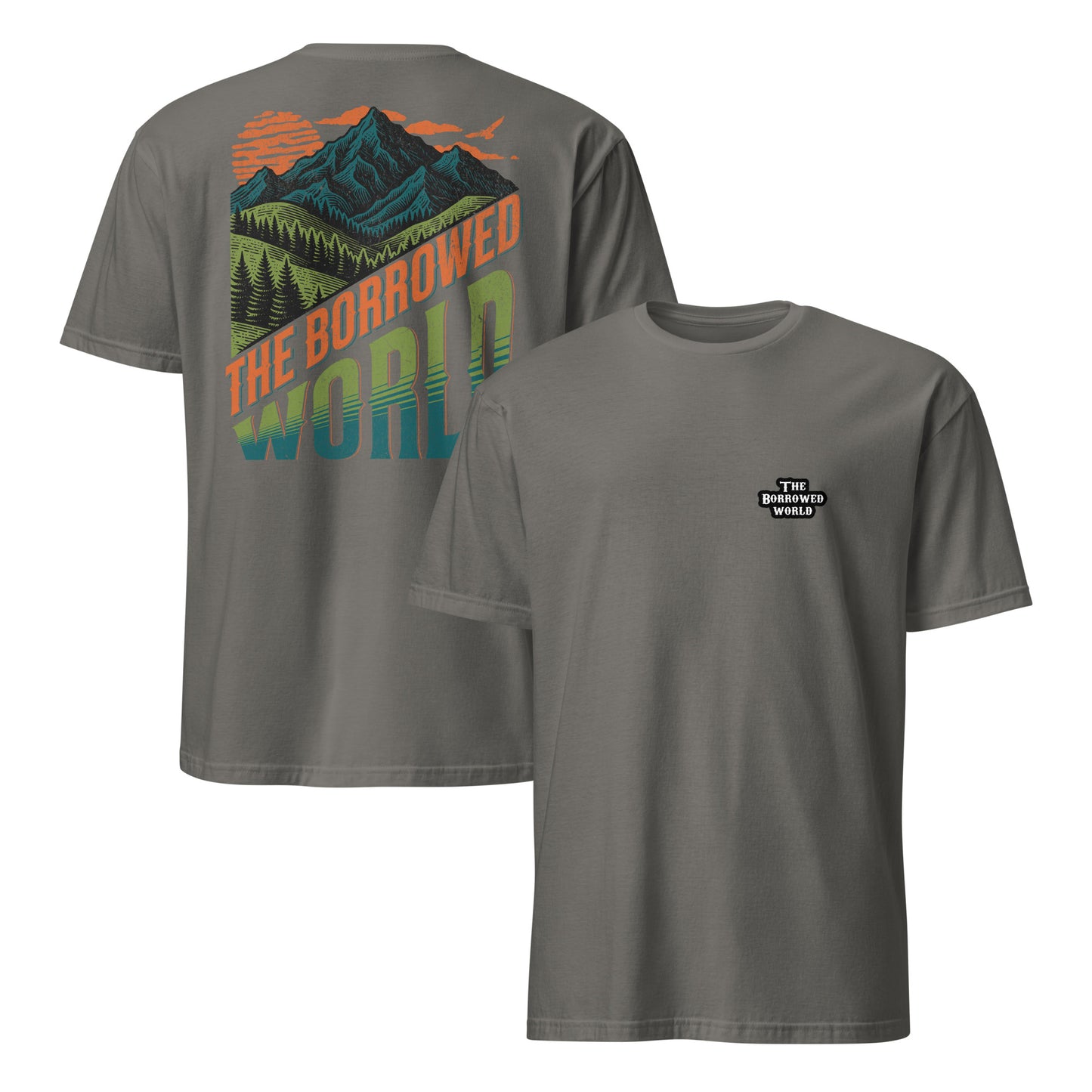 Borrowed World Double-Sided Short-Sleeve Unisex T-Shirt - charcoal, front and back