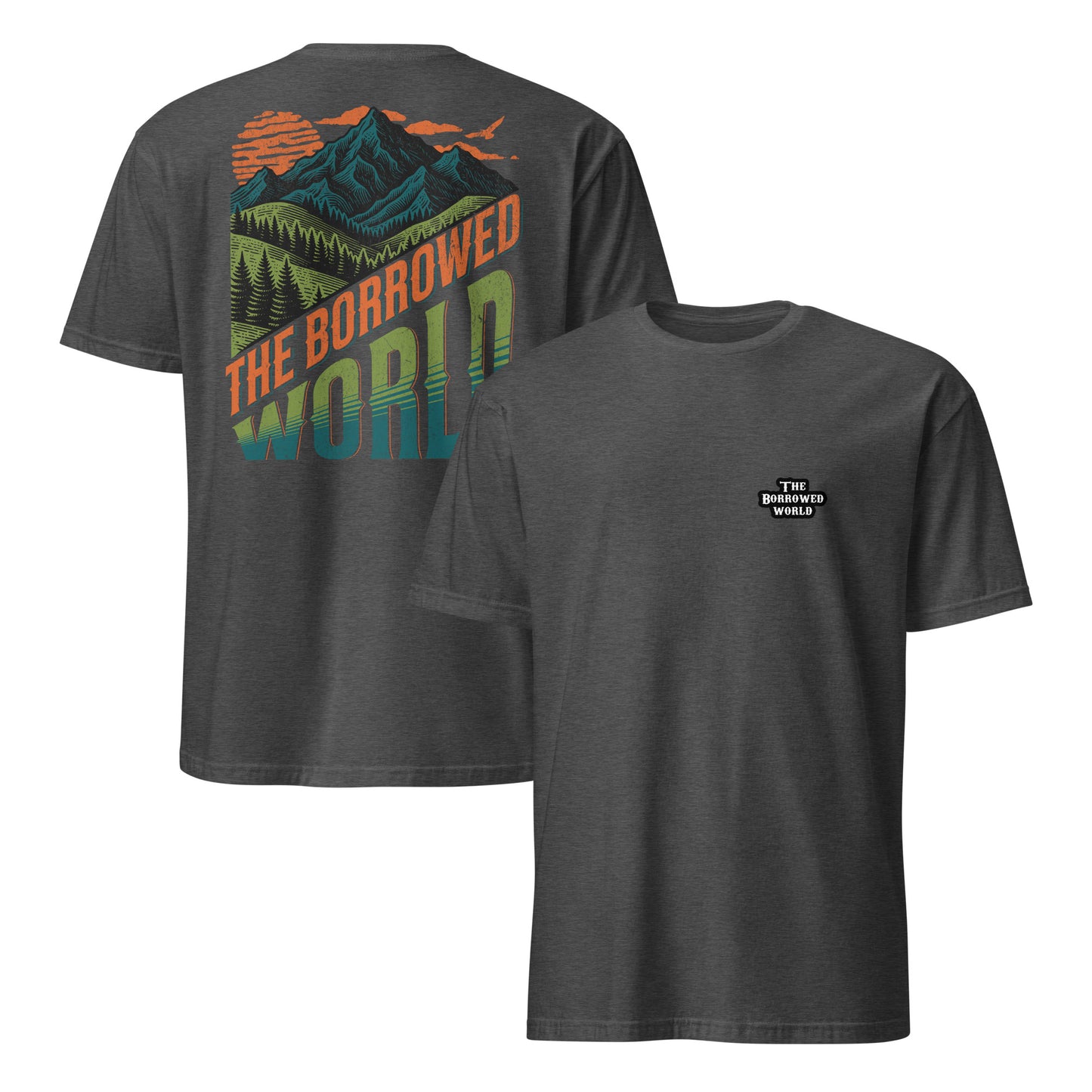Borrowed World Double-Sided Short-Sleeve Unisex T-Shirt - dark heather grey, front and back