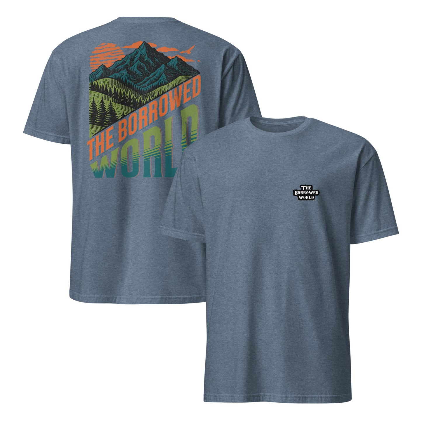 Borrowed World Double-Sided Short-Sleeve Unisex T-Shirt - heather indigo, front and back
