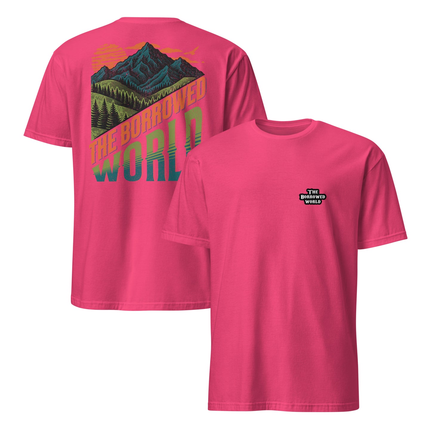 Borrowed World Double-Sided Short-Sleeve Unisex T-Shirt - heliconia, front and back