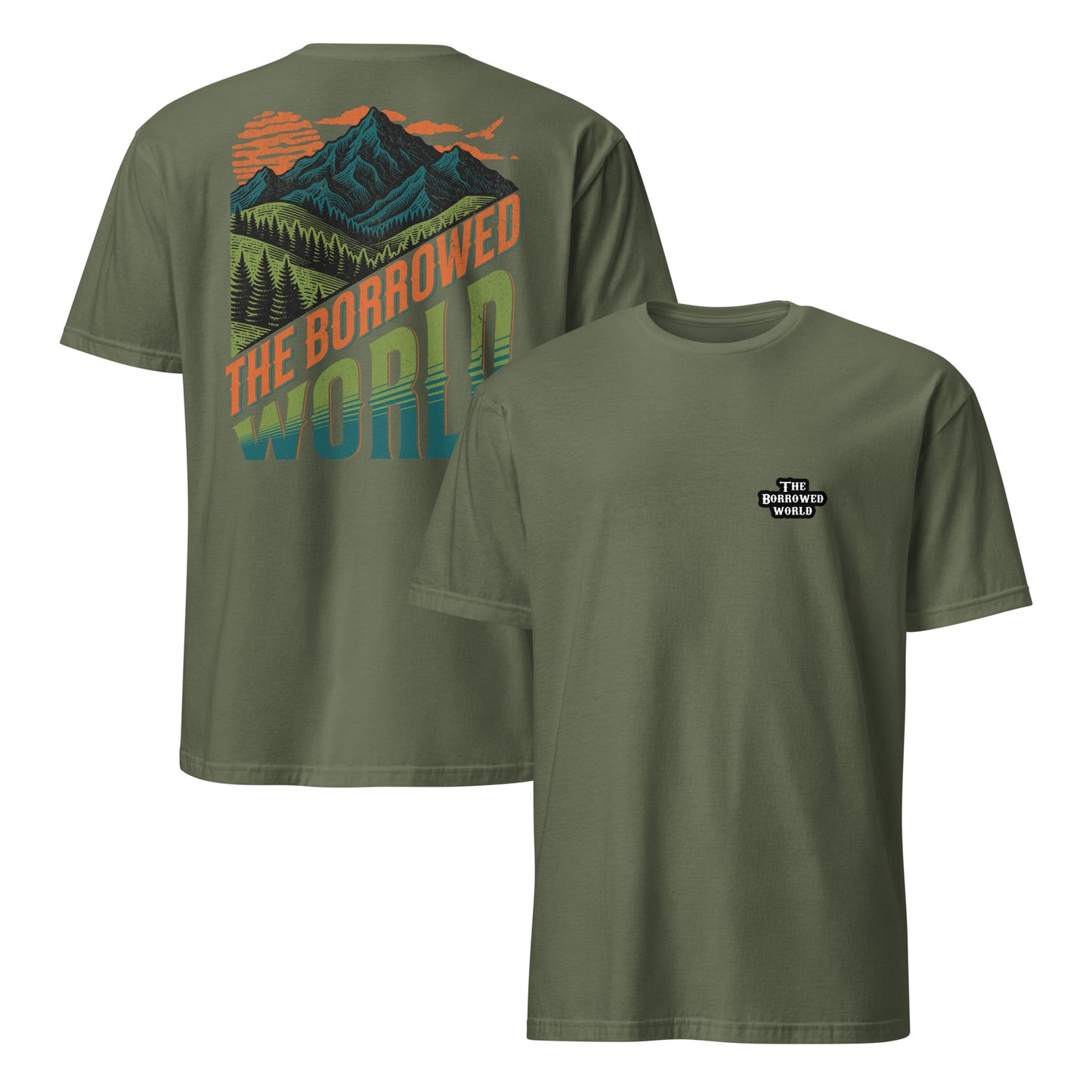 Borrowed World Double-Sided Short-Sleeve Unisex T-Shirt - military green, front and back